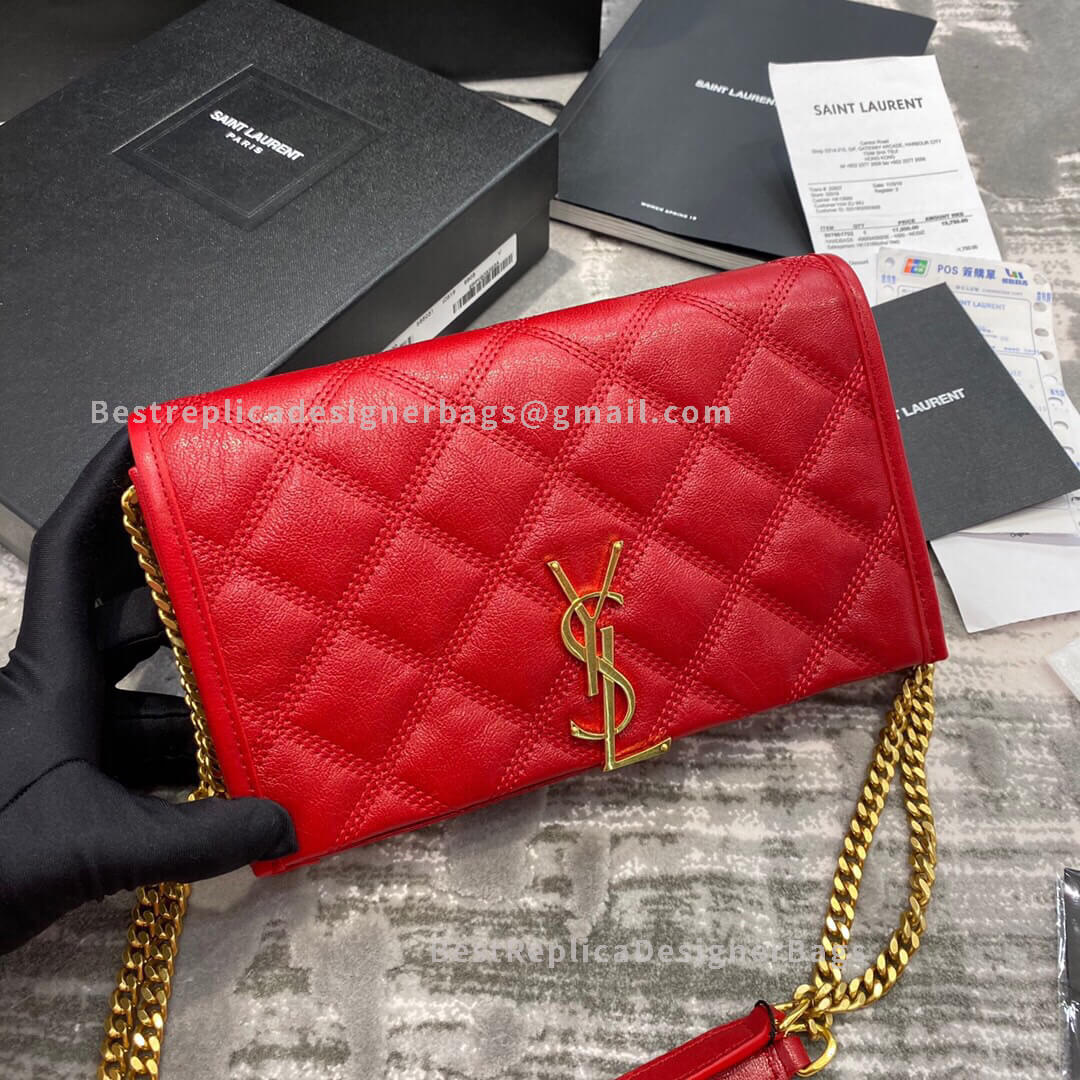 Saint Laurent Becky Chain Wallet In Diamond-Quilted Lambskin Red GHW 585031